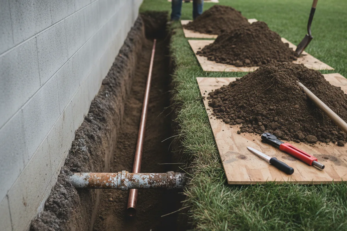 Excavated water line trench during Water Heater Repair in Rose Hill